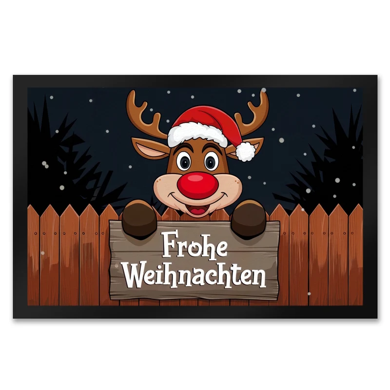 Rentier mit Weihnachtsmannmütze - Frohe Weihnachten Fußmatte in 35x50 cm