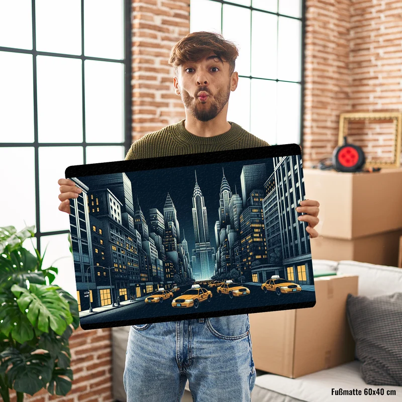 New Yorker Häuserschlucht und Taxis Fußmatte in 35x50 cm ohne Rand