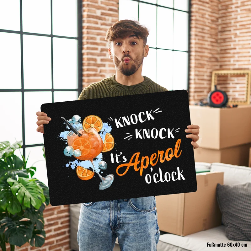 Cocktail Fußmatte in 35x50 cm ohne Rand mit Spruch Knock knock It's Aperol o'clock