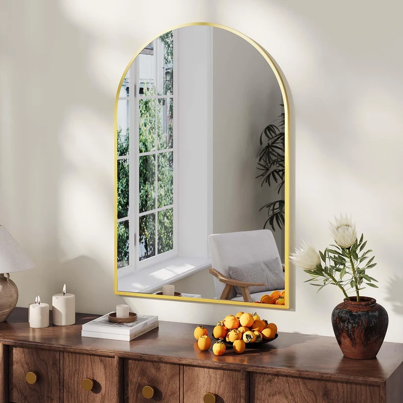 Garvee Specchio da Parete Arco 50,8x76,2 cm con Cornice in Alluminio Dorato per Bagno e Camera, Vetro Temperato, Design Versatile, Elegante Oro