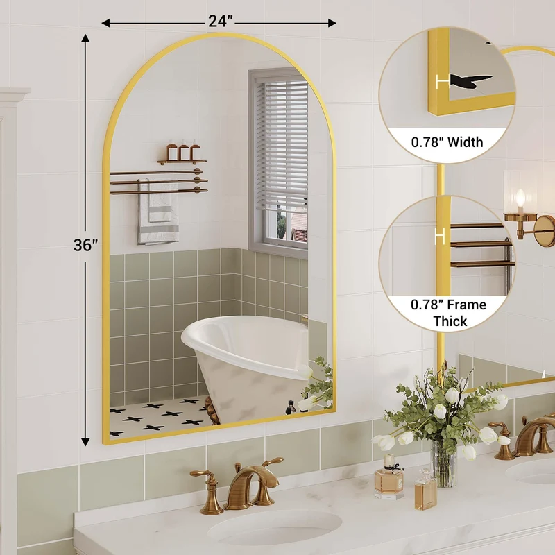 Garvee Specchio da Parete ad Arco 60x91 cm con Cornice in Alluminio Dorato, Vetro Temperato, Bagno e Camera da Letto, Design Versatile, Oro