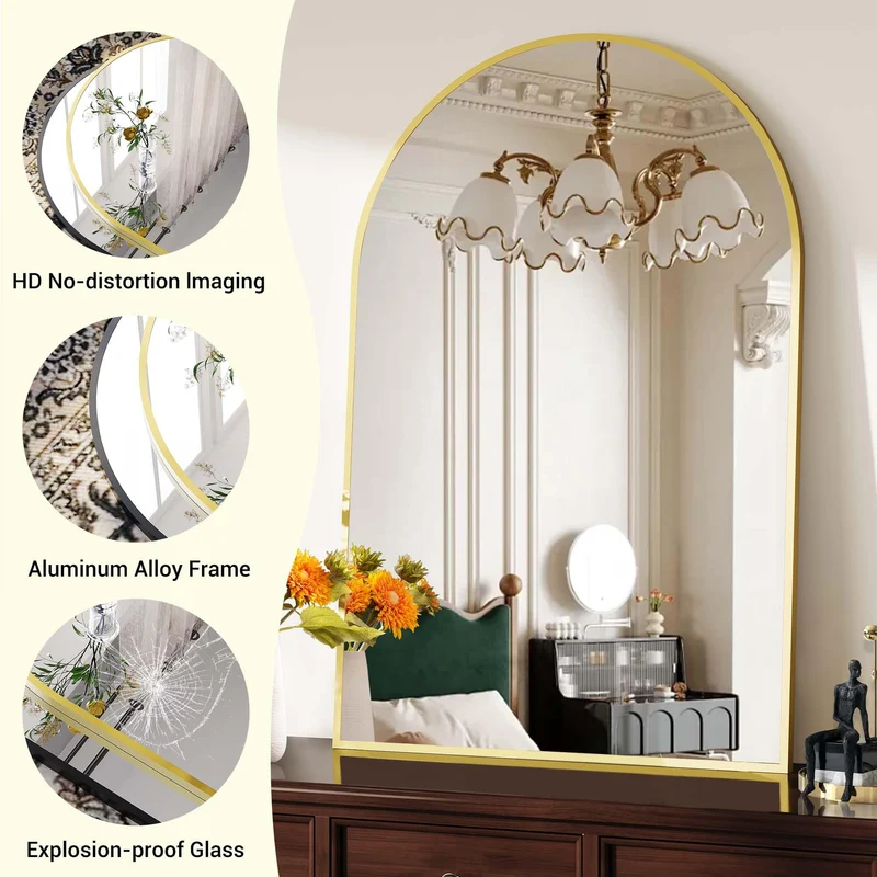 Garvee Specchio da Parete ad Arco 60x91 cm con Cornice in Alluminio Dorato, Vetro Temperato, Bagno e Camera da Letto, Design Versatile, Oro