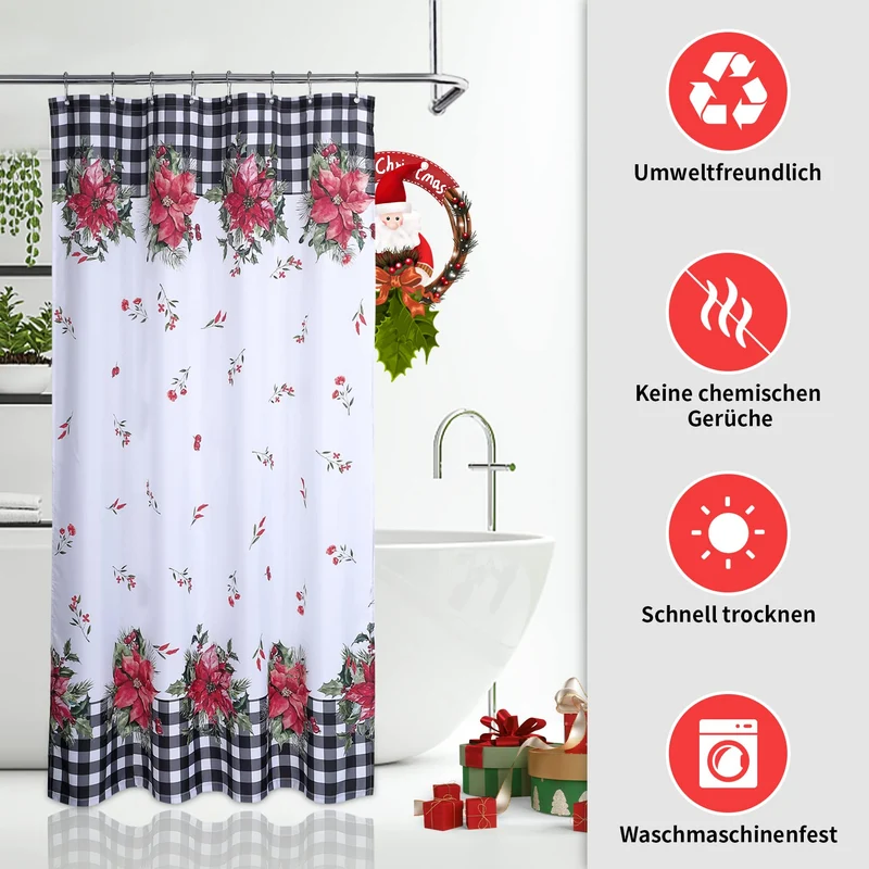 GARVEE Tenda da doccia natalizia in stile retrò con motivo floreale a quadri, lavabile, 89x183 cm, nero e bianco