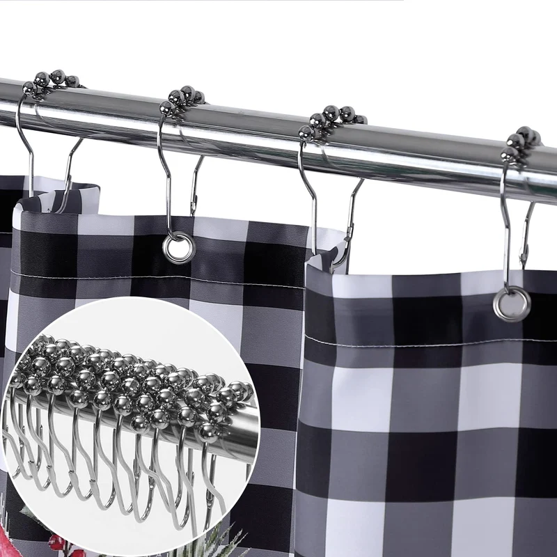 GARVEE Tenda da doccia natalizia in stile retrò con motivo floreale a quadri, lavabile, 89x183 cm, nero e bianco