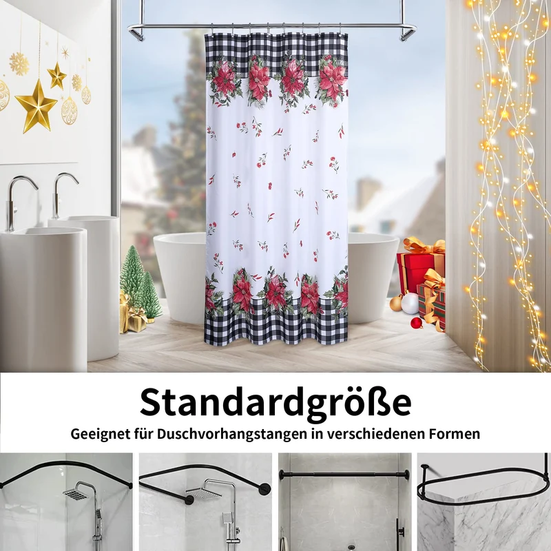 GARVEE Tenda da doccia natalizia in stile retrò con motivo floreale a quadri, lavabile, 89x183 cm, nero e bianco