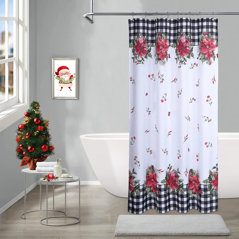 GARVEE Tenda da doccia natalizia in stile retrò con motivo floreale a quadri, lavabile, 89x183 cm, nero e bianco