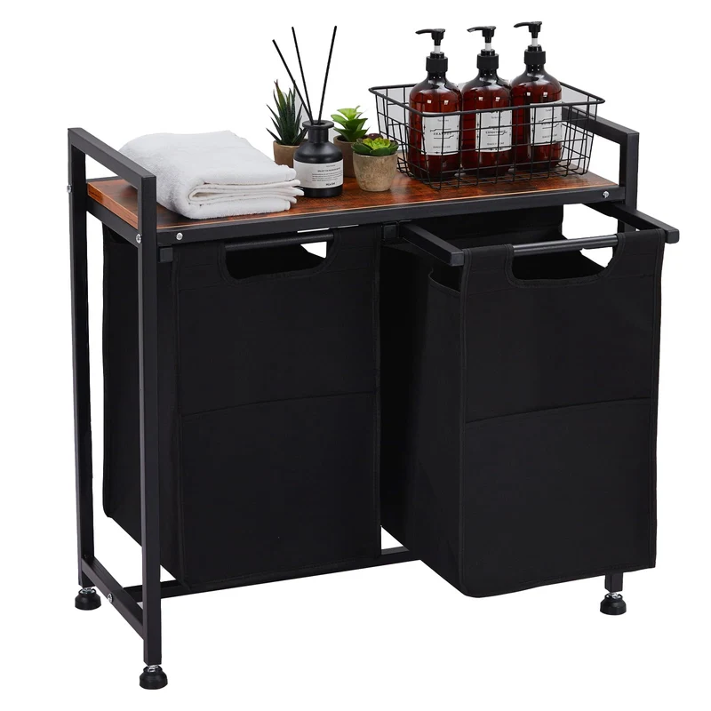 Cesto portabiancheria Garvee con ripiano, 23 galloni, 2 tasche estraibili, truciolato di legno, tessuto Oxford, per bagno e camera da letto, rimovibile