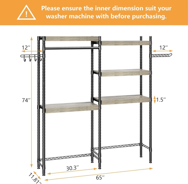 Mensola sopralavatrice Garvee da 30 pollici a 5 ripiani con doppi strati, ripiani in legno per bagno e balcone, regolabile, grigio/nero