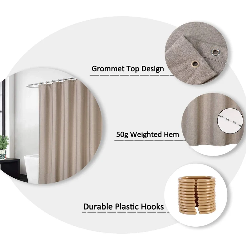 Garvee Duschvorhang Leinen-Look 240GSM Wasserabweisend Anti-Schimmel Polyester Mit Beschwerungsstreifen Rostfreie Ösen Light Coffee 48x78 Zoll Badezimmer