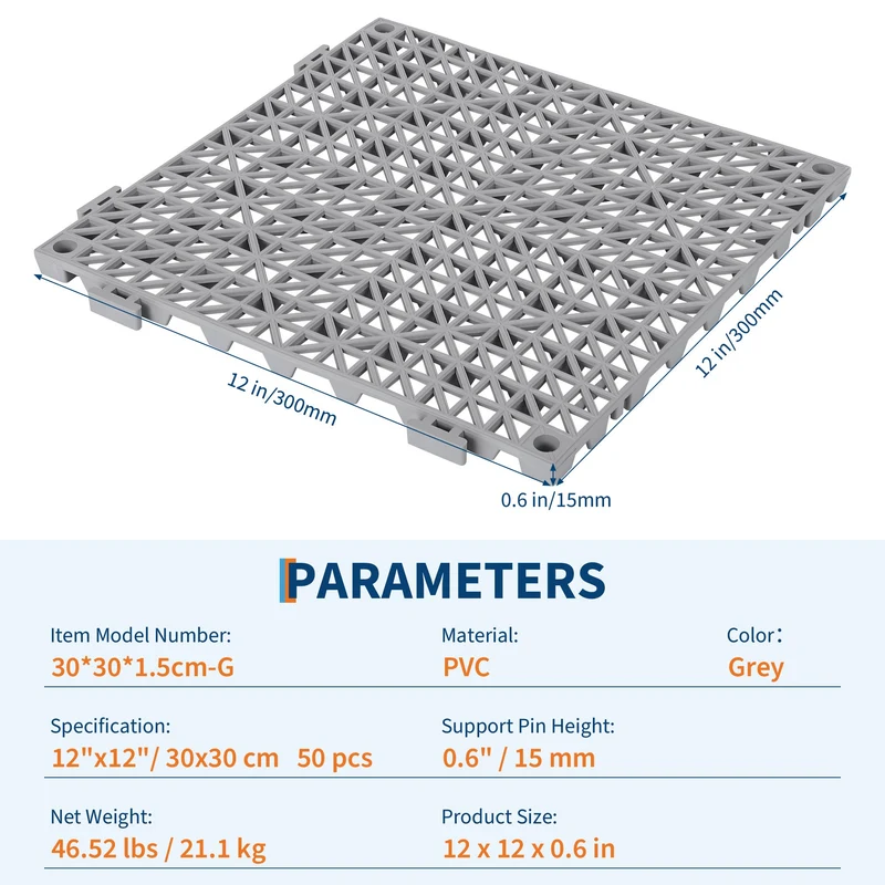 Tappetini di drenaggio modulari in PVC Garvee, set da 50 pezzi, 12"x12", antiscivolo, resistenti, per garage, giardino, piscina, neri