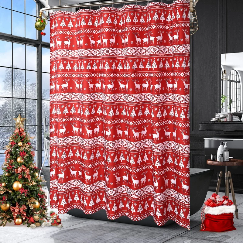 Tenda da doccia natalizia Garvee con motivo ad albero e cervo, impermeabile, magnetica, 35x72 pollici, rosso e bianco, arredo bagno