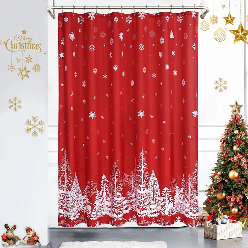 Garvee Duschvorhang Natale Tessuto 183x183cm Motivo Pini Fiocchi Neve Impermeabile Lavabile con Ganci per Bagno Decorazione Invernale Rosso