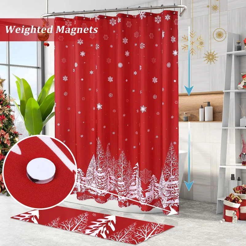Garvee Duschvorhang Natale Tessuto 183x183cm Motivo Pini Fiocchi Neve Impermeabile Lavabile con Ganci per Bagno Decorazione Invernale Rosso