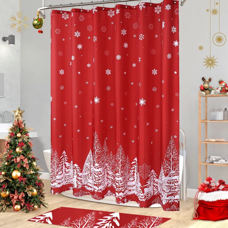 Garvee Duschvorhang Natale Tessuto 183x183cm Motivo Pini Fiocchi Neve Impermeabile Lavabile con Ganci per Bagno Decorazione Invernale Rosso