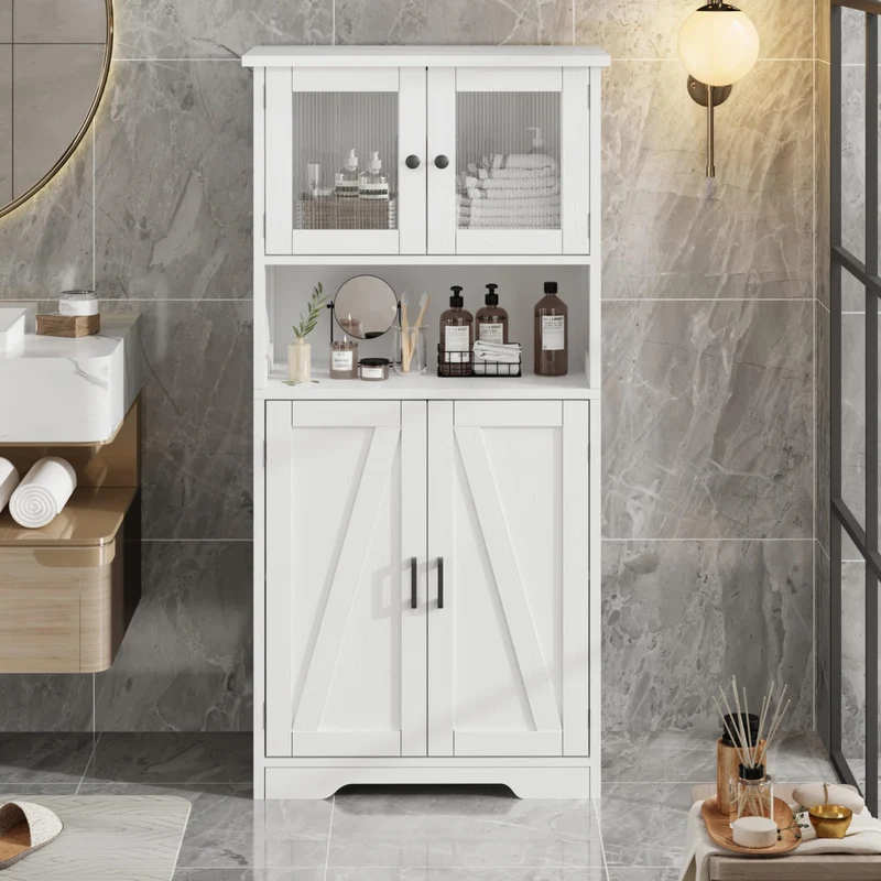 Mobiletto alto da bagno Garvee con ante in vetro, ripiani regolabili, MDF, bianco, indipendente, moderno per bagno e cucina 23.6"L x 11.8"P x 50.4"A
