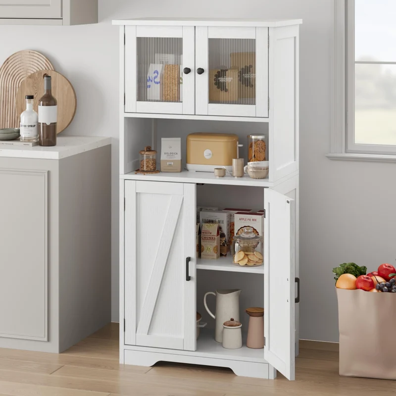 Mobiletto alto da bagno Garvee con ante in vetro, ripiani regolabili, MDF, bianco, indipendente, moderno per bagno e cucina 23.6"L x 11.8"P x 50.4"A