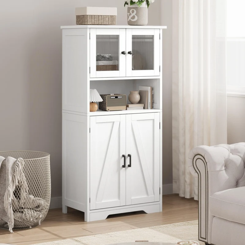 Mobiletto alto da bagno Garvee con ante in vetro, ripiani regolabili, MDF, bianco, indipendente, moderno per bagno e cucina 23.6"L x 11.8"P x 50.4"A