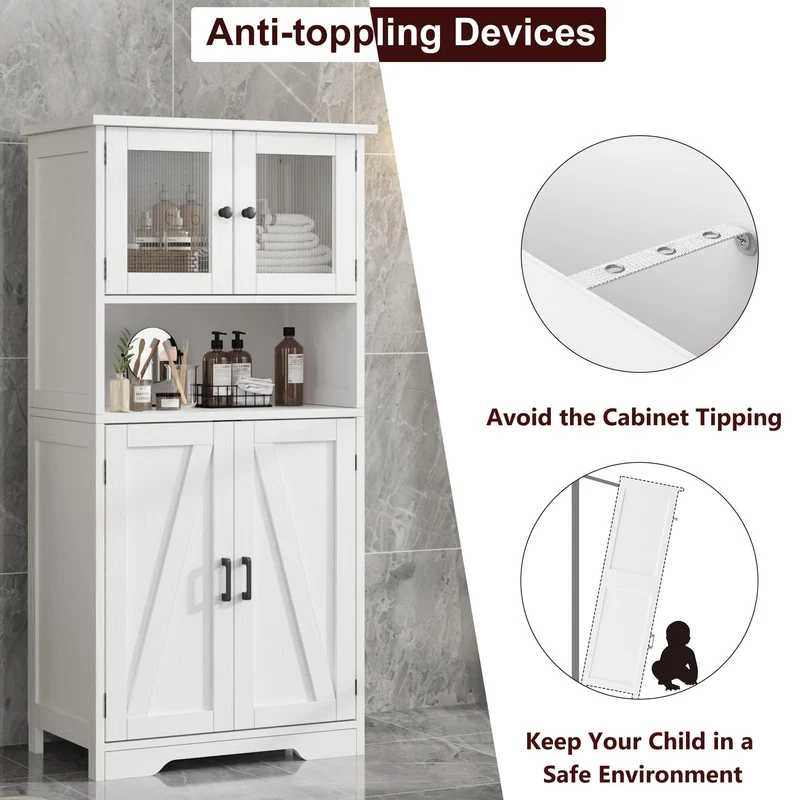 Mobiletto alto da bagno Garvee con ante in vetro, ripiani regolabili, MDF, bianco, indipendente, moderno per bagno e cucina 23.6"L x 11.8"P x 50.4"A