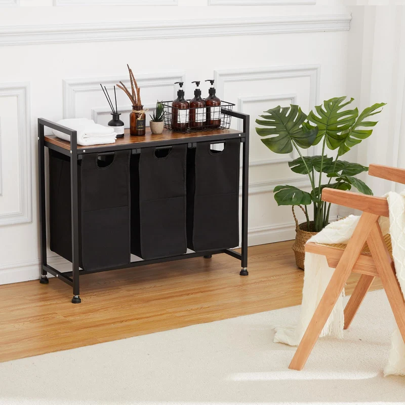 Garvee Cesto portabiancheria con 3 tasche rimovibili, contenitore per bagno e camera da letto, 130 l, tessuto Oxford e metallo in legno