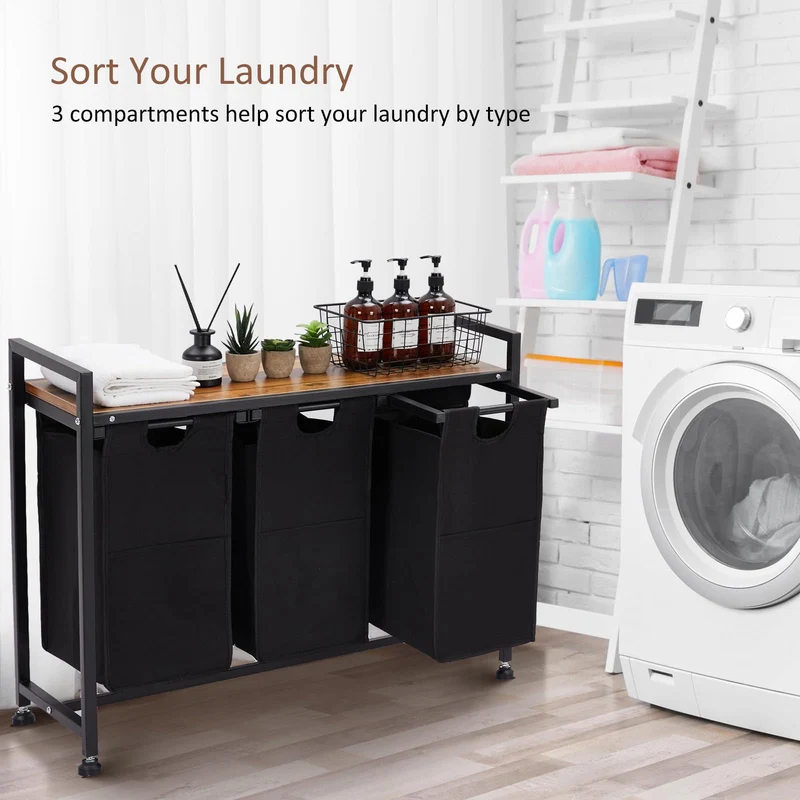 Garvee Cesto portabiancheria con 3 tasche rimovibili, contenitore per bagno e camera da letto, 130 l, tessuto Oxford e metallo in legno
