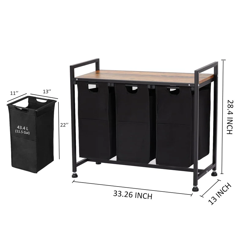 Garvee Cesto portabiancheria con 3 tasche rimovibili, contenitore per bagno e camera da letto, 130 l, tessuto Oxford e metallo in legno