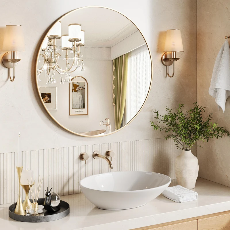 Specchio da parete rotondo dorato Garvee da 30", grande specchio da bagno, cornice in metallo dorato opaco, arredamento moderno per la casa e il bagno