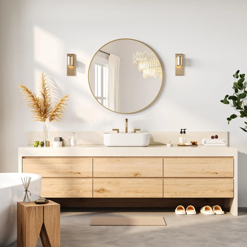 Specchio da parete rotondo dorato Garvee da 30", grande specchio da bagno, cornice in metallo dorato opaco, arredamento moderno per la casa e il bagno