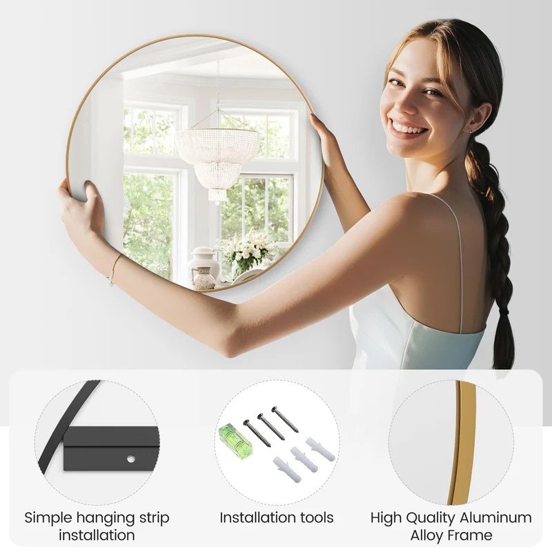 Specchio da parete rotondo dorato Garvee da 30", grande specchio da bagno, cornice in metallo dorato opaco, arredamento moderno per la casa e il bagno