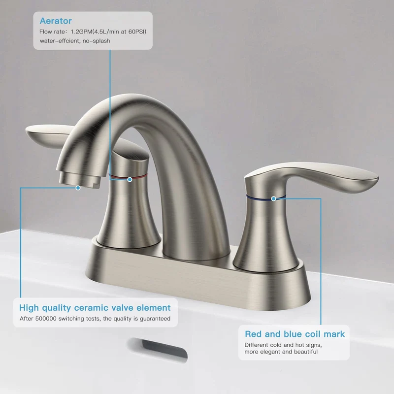 Rubinetto per bagno Garvee da 4 pollici, valvola in ceramica, nichel spazzolato, doppia maniglia, scarico a scomparsa, facile installazione