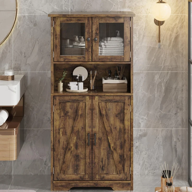 Mobiletto da bagno indipendente Garvee con ante in vetro, ripiani regolabili, design rustico, marrone, uso versatile