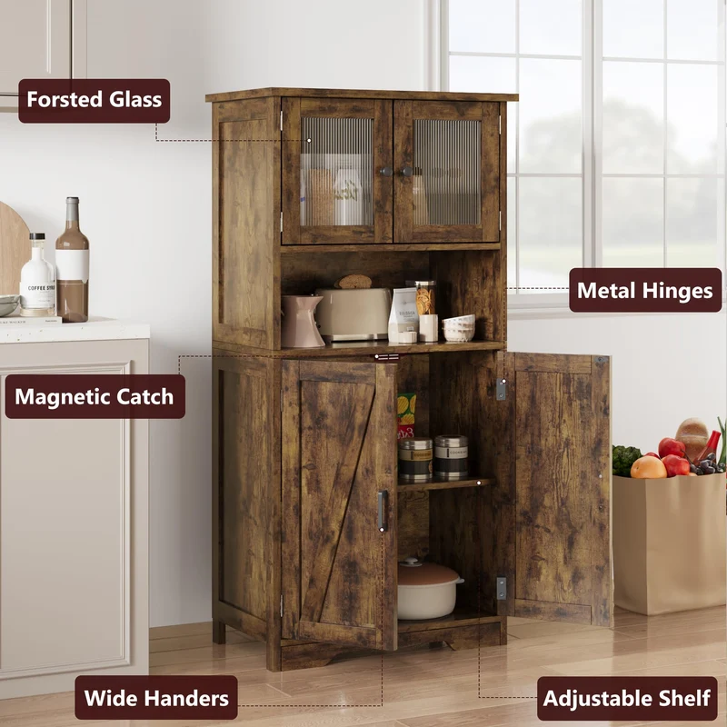 Mobiletto da bagno indipendente Garvee con ante in vetro, ripiani regolabili, design rustico, marrone, uso versatile
