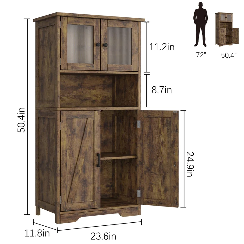 Mobiletto da bagno indipendente Garvee con ante in vetro, ripiani regolabili, design rustico, marrone, uso versatile