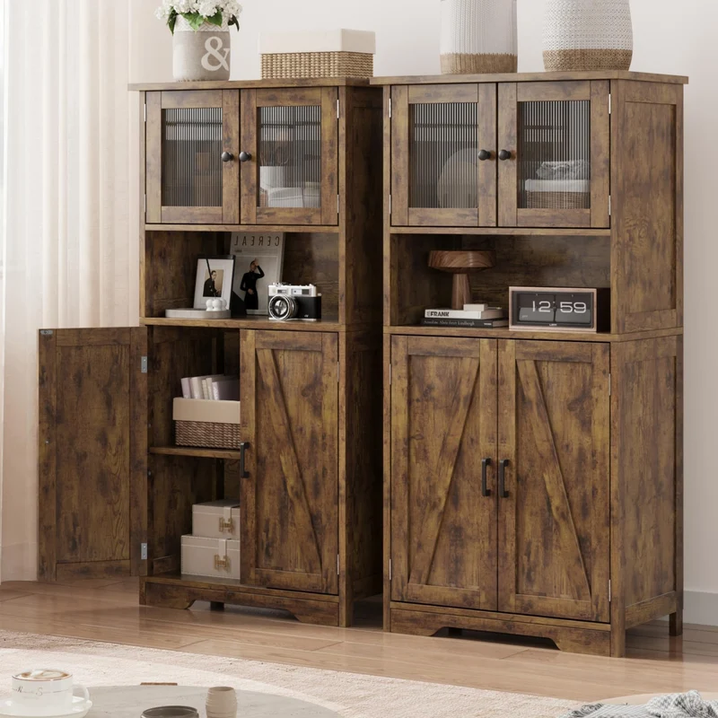 Mobiletto da bagno indipendente Garvee con ante in vetro, ripiani regolabili, design rustico, marrone, uso versatile