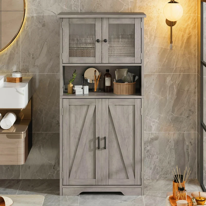 Mobiletto alto da bagno Garvee con 4 ante, ripiani regolabili, MDF, grigio, per cucina e soggiorno, indipendente, 23.6"x11.8"x50.4"