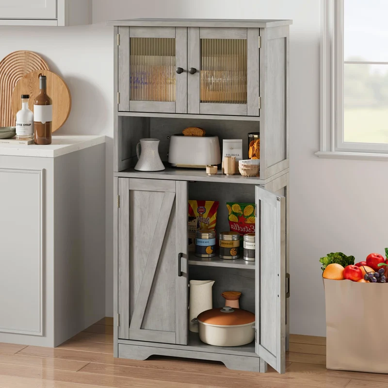 Mobiletto alto da bagno Garvee con 4 ante, ripiani regolabili, MDF, grigio, per cucina e soggiorno, indipendente, 23.6"x11.8"x50.4"