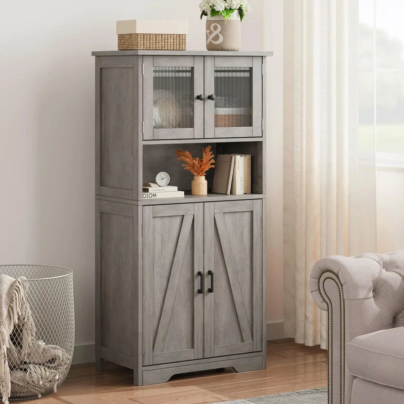 Mobiletto alto da bagno Garvee con 4 ante, ripiani regolabili, MDF, grigio, per cucina e soggiorno, indipendente, 23.6"x11.8"x50.4"