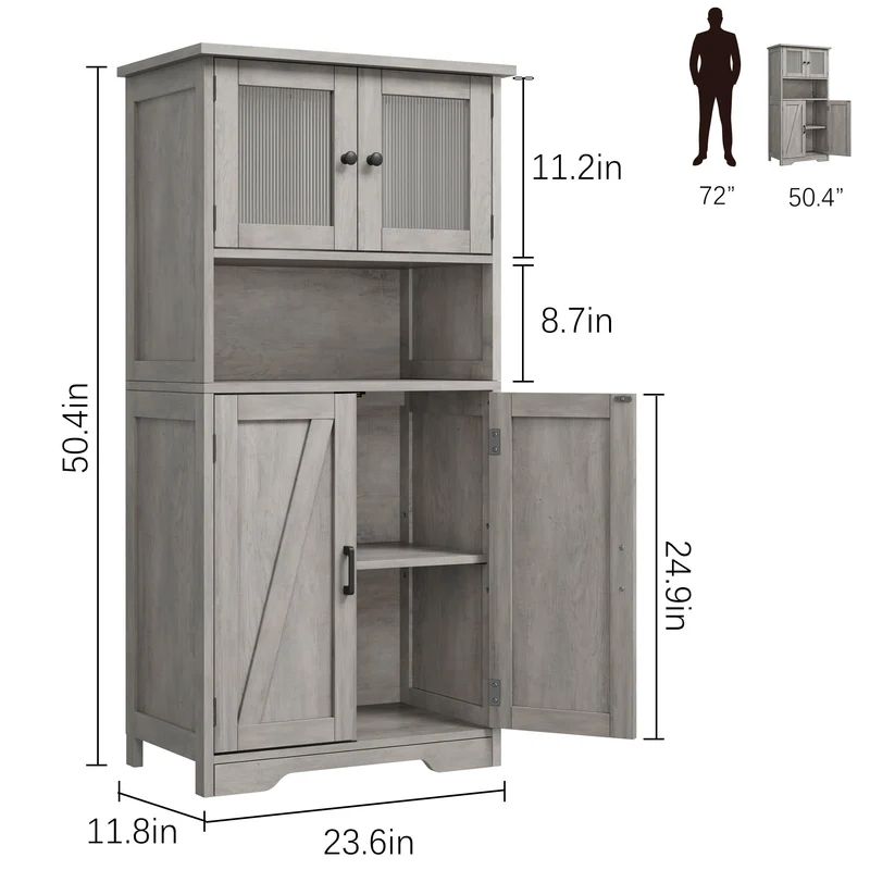 Mobiletto alto da bagno Garvee con 4 ante, ripiani regolabili, MDF, grigio, per cucina e soggiorno, indipendente, 23.6"x11.8"x50.4"