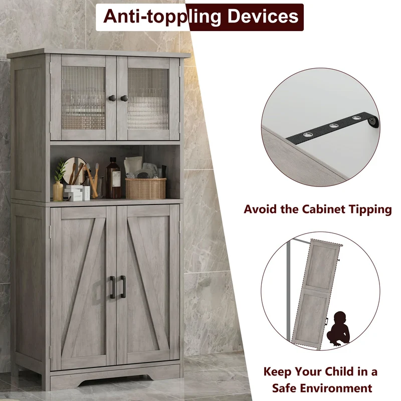 Mobiletto alto da bagno Garvee con 4 ante, ripiani regolabili, MDF, grigio, per cucina e soggiorno, indipendente, 23.6"x11.8"x50.4"