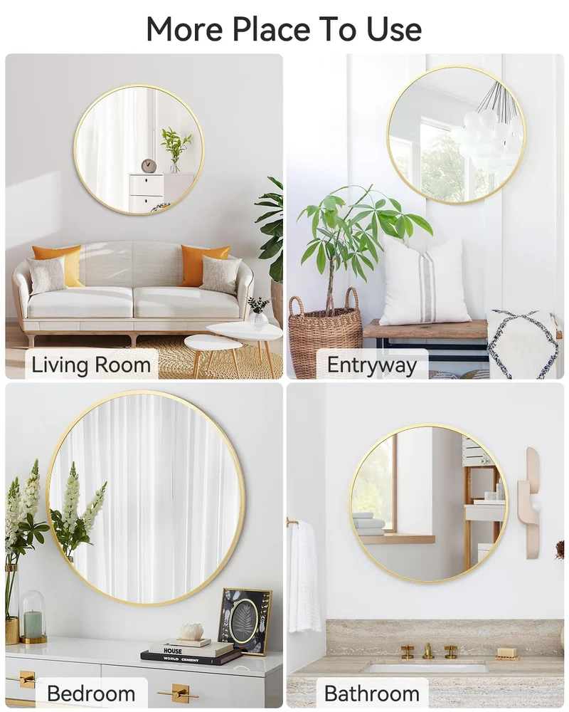 Specchio da parete rotondo Garvee Gold da 81.28 cm con cornice in metallo oro opaco per bagno e corridoio, vetro HD anti-distorsione