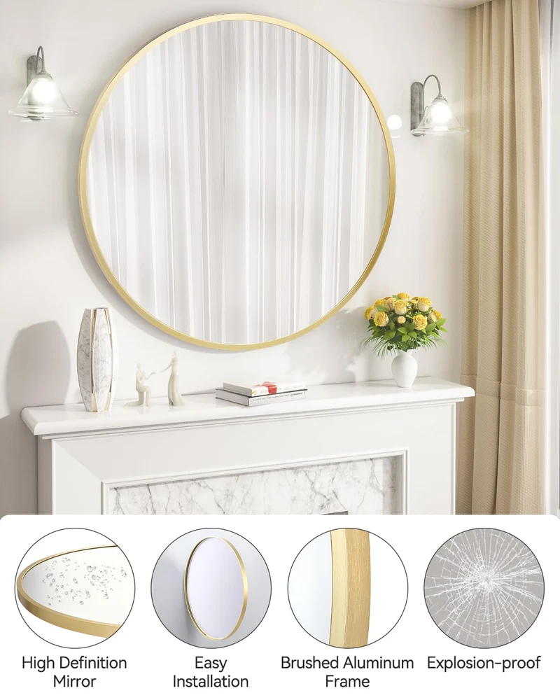 Specchio da parete rotondo Garvee Gold da 81.28 cm con cornice in metallo oro opaco per bagno e corridoio, vetro HD anti-distorsione