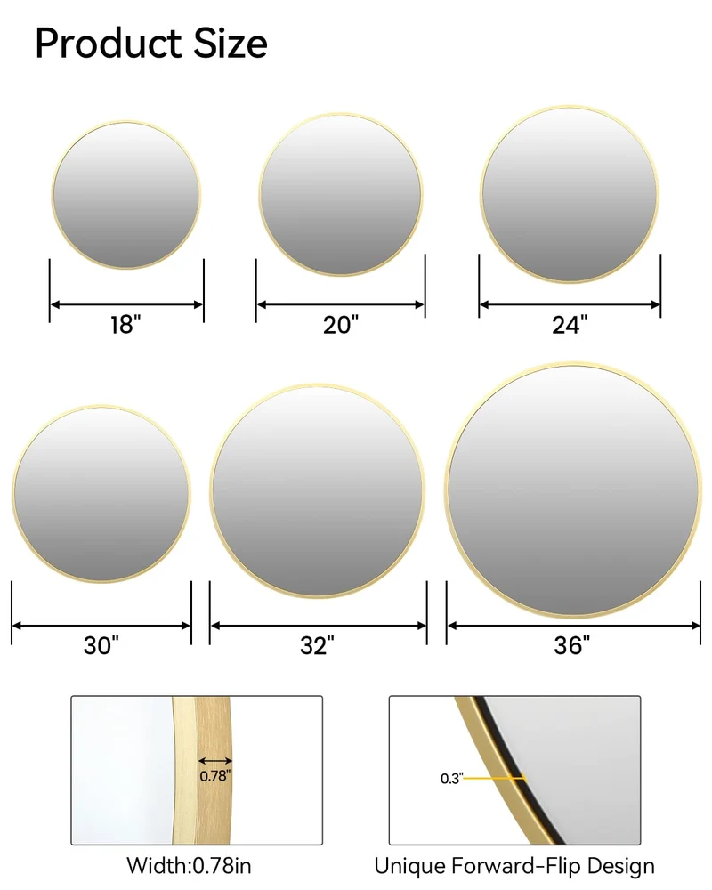 Specchio da parete rotondo Garvee Gold da 81.28 cm con cornice in metallo oro opaco per bagno e corridoio, vetro HD anti-distorsione
