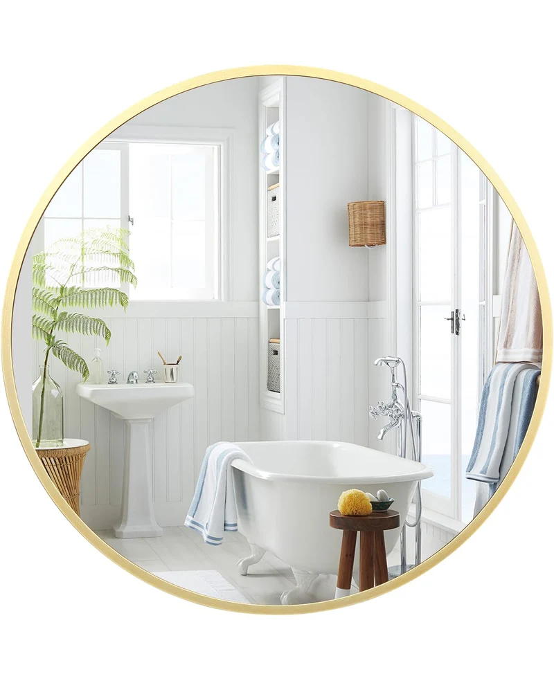Specchio da parete rotondo Garvee Gold da 81.28 cm con cornice in metallo oro opaco per bagno e corridoio, vetro HD anti-distorsione