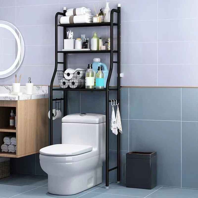 Mensola da bagno in metallo autoportante Garvee a 3 ripiani con ganci e porta carta igienica per bagno, WC, lavanderia, nera, salvaspazio