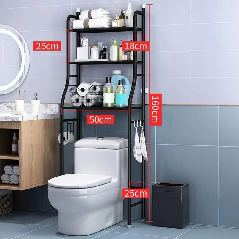 Mensola da bagno in metallo autoportante Garvee a 3 ripiani con ganci e porta carta igienica per bagno, WC, lavanderia, nera, salvaspazio