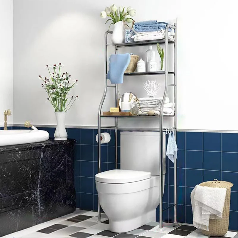 Mobiletto portaoggetti sopra il WC Garvee in acciaio inox con 3 ripiani, porta carta igienica, ganci, autoportante, salvaspazio per il bagno