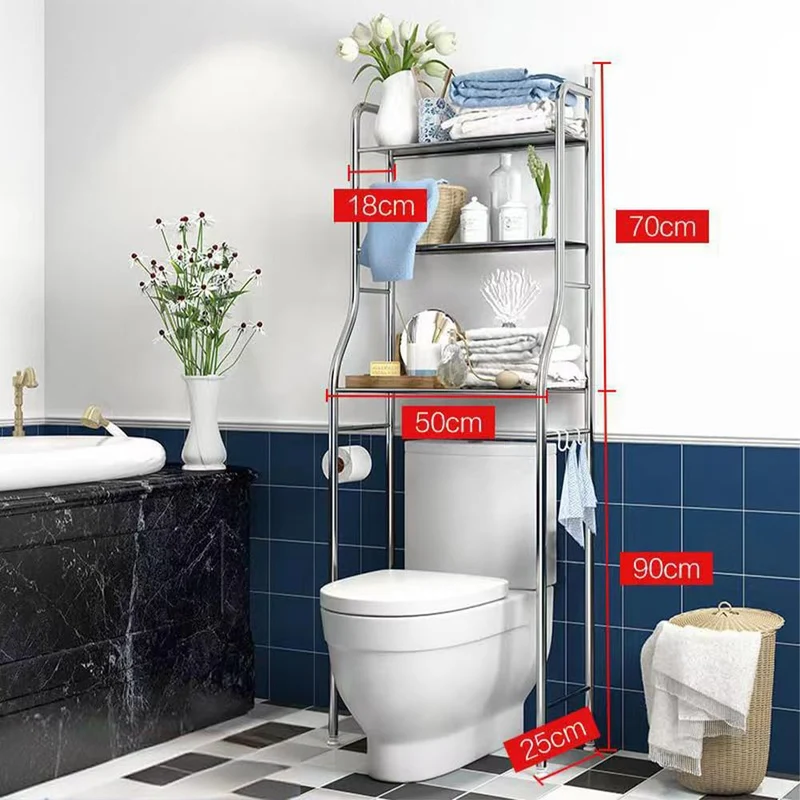 Mobiletto portaoggetti sopra il WC Garvee in acciaio inox con 3 ripiani, porta carta igienica, ganci, autoportante, salvaspazio per il bagno