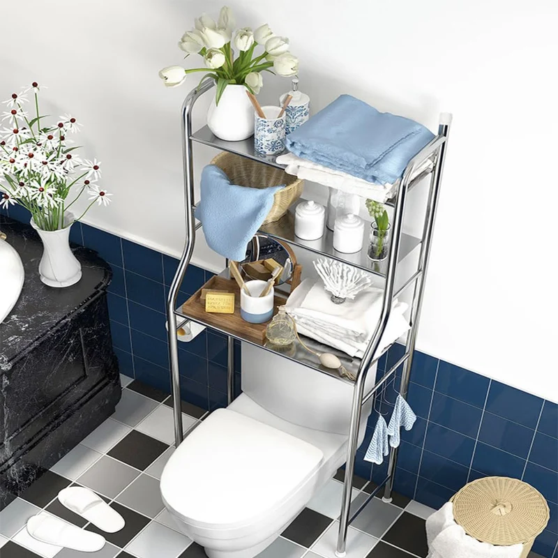 Mobiletto portaoggetti sopra il WC Garvee in acciaio inox con 3 ripiani, porta carta igienica, ganci, autoportante, salvaspazio per il bagno