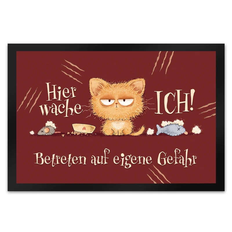 Katze Fußmatte in 35x50 cm mit Spruch Hier wache ich Eigene Gefahr
