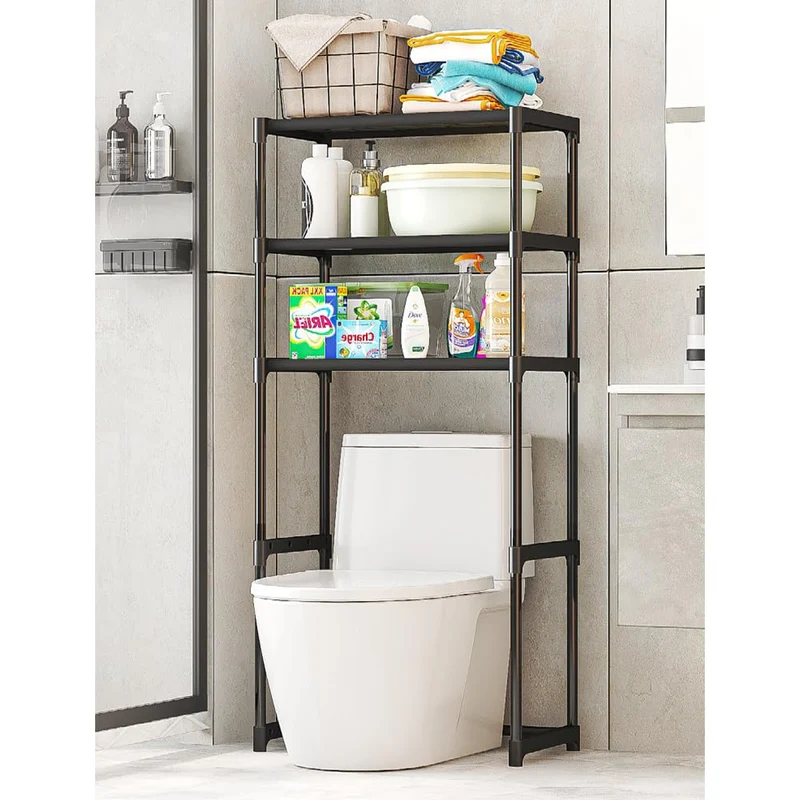 Mensola in metallo Garvee a 3 ripiani per WC, salvaspazio, robusta, in acciaio al carbonio, autoportante, nera, per bagno e balcone