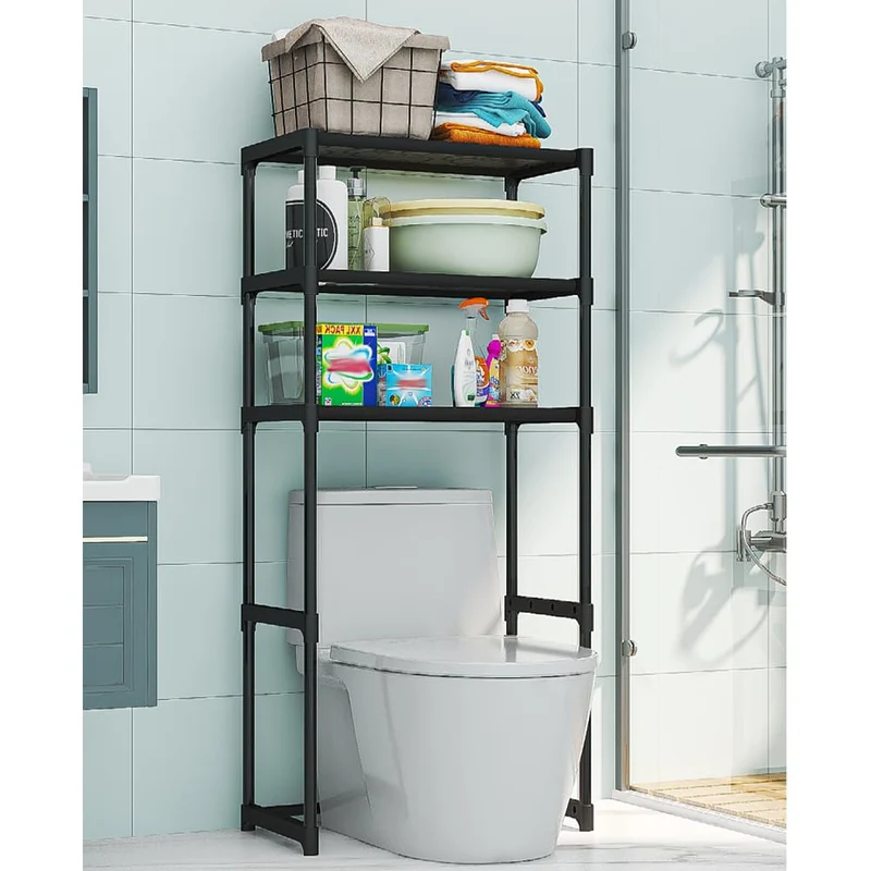 Mensola in metallo Garvee a 3 ripiani per WC, salvaspazio, robusta, in acciaio al carbonio, autoportante, nera, per bagno e balcone